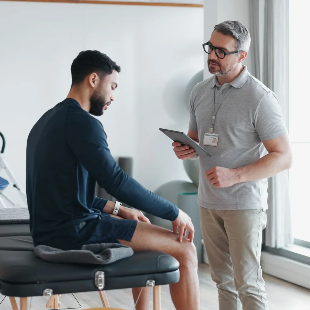 A physical therapist in a gray polo shirt holds a tablet and talks to a seated male patient examining his knee in a bright clinic room.