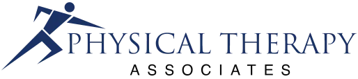 Logo for Physical Therapy featuring a stylized figure in motion on the left, with the words Physical Therapy in bold blue letters and smaller text reading Elgin & Huntley underneath.