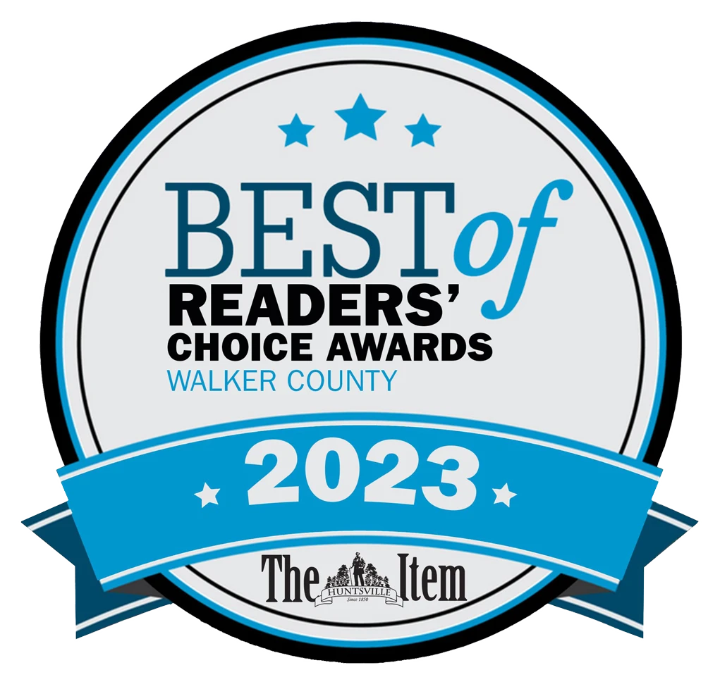 A circular badge reads Best of Readers Choice Awards, Walker County, 2023 with blue stars and a blue ribbon, and The Huntsville Item at the bottom.