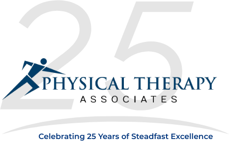 Logo for Physical Therapy Associates featuring a stylized human figure in motion, a large faded number 25 in the background, and text reading Celebrating 25 Years of Steadfast Excellence below.